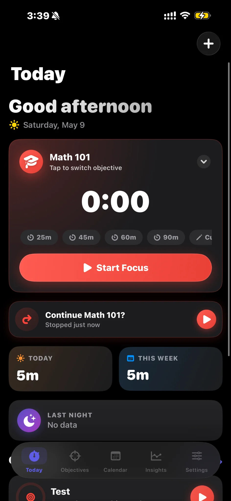 Nycto Today screen showing a focus timer for Math 101 and day stats.